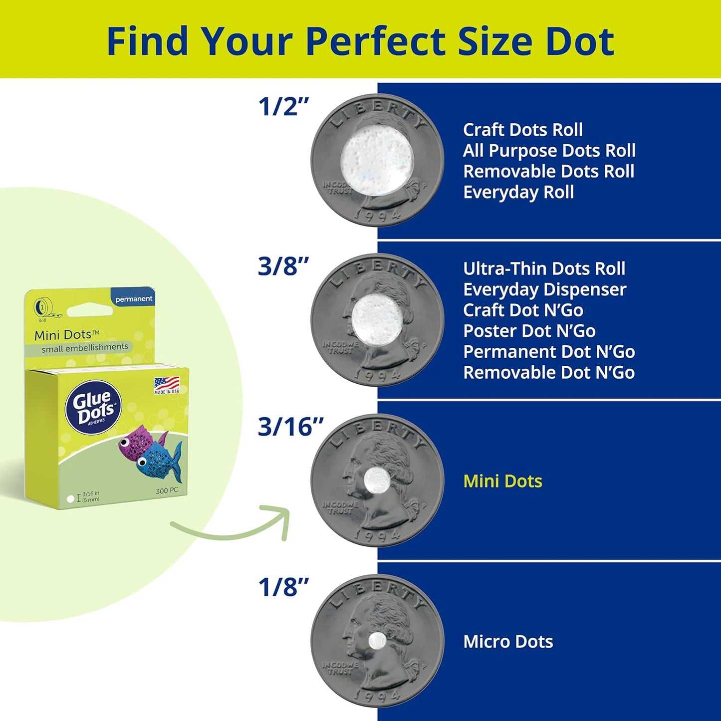 Glue Dots, Mini Dots, Double-Sided, 3/16", 300 Dots, DIY Craft Glue Tape, Sticky Adhesive Glue Points, Liquid Hot Glue Alternative, Clear