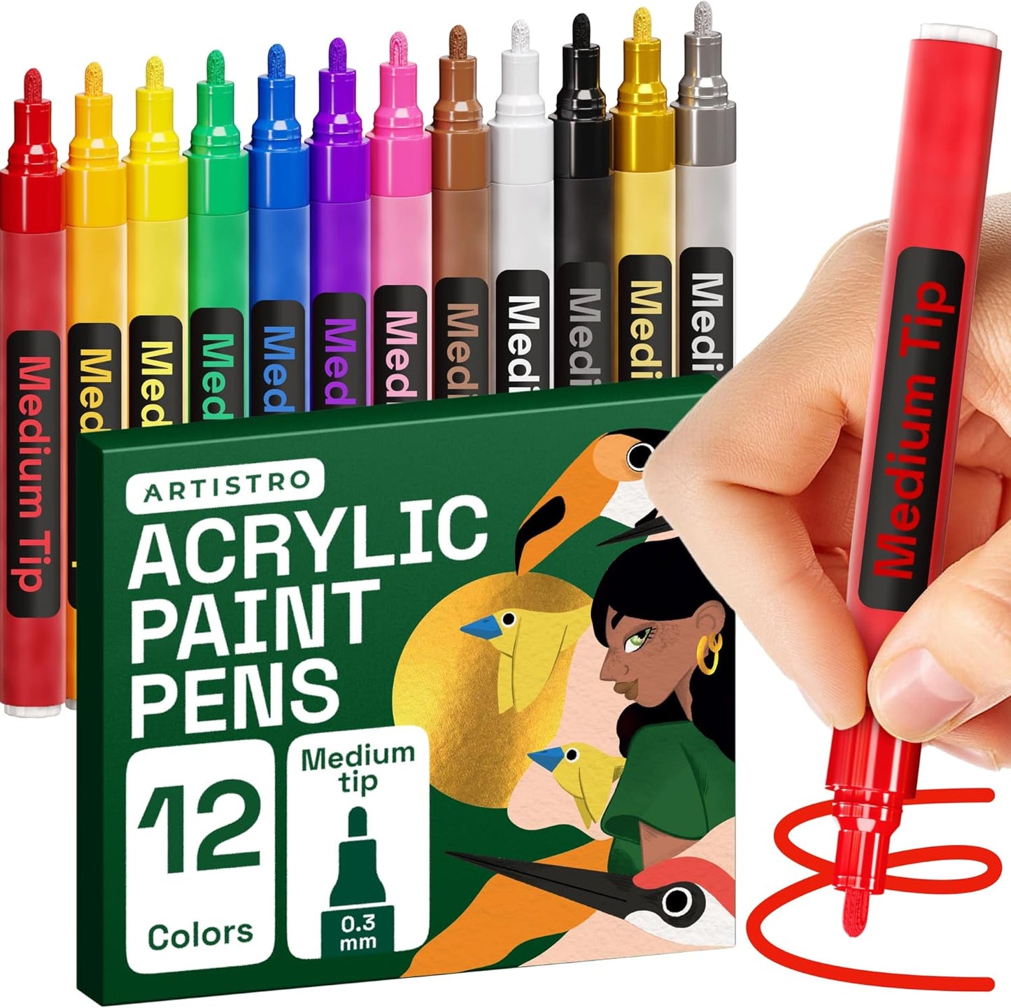 ARTISTRO 12 Medium Tip Acrylic Paint Markers - Easy for All Ages & Levels Paint Pens for Fabric, Rock, Glass, DIY - Halloween Pumpkin Painting Kit, Art Supplies, Christmas Gift