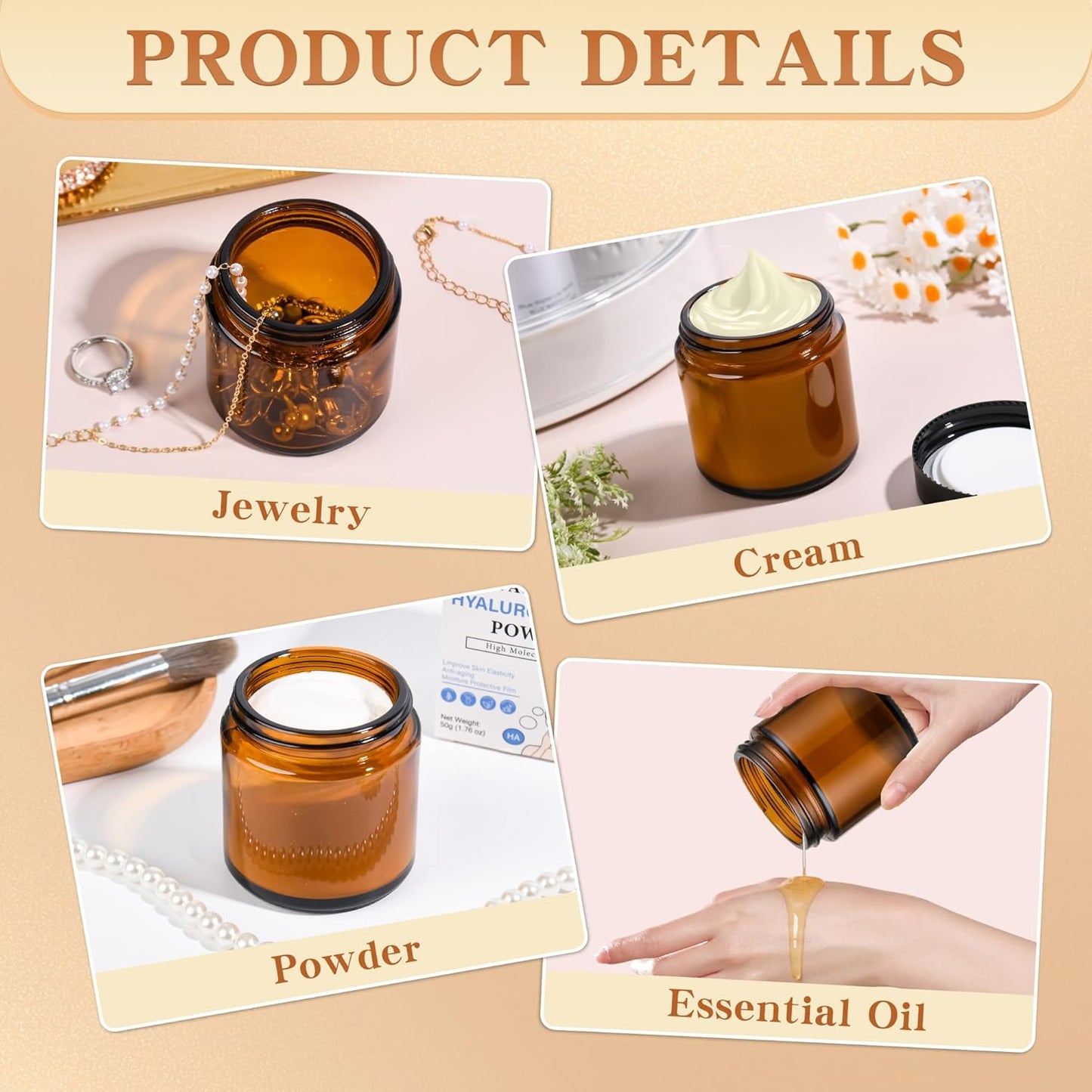 Glass Jars with Lids,Eco-Friendly Cosmetic Containers with Airtight Black Lids & Liners, Multi-Color Options for Cream, Lotion, Body Butter, DIY Skincare Travel Jars (Amber, 4oz)