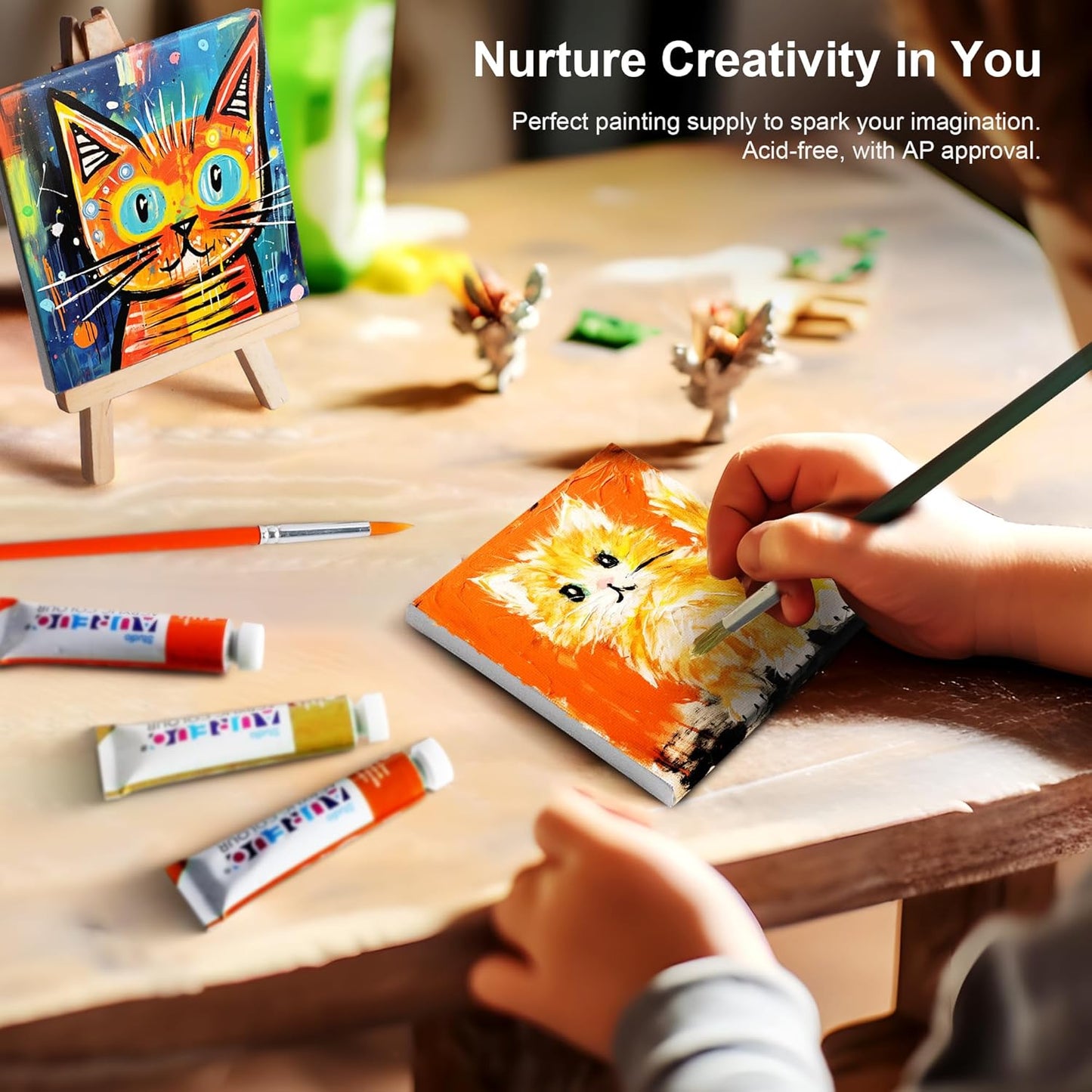 AUREUO Mini Canvas and Easel Set - 3x3 Inch/ 12 Pack - 2/5 Inch Profile Small Square Canvas with Display Stand - Art Gift Set Bulk Pack Canvases for Acrylic Painting & Craft