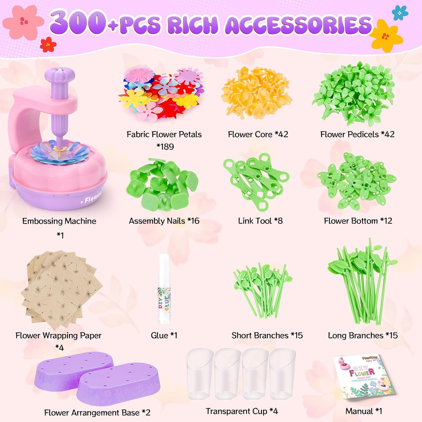 GirlsHome 300+PCS Fabric Flower Bouquets Toys, DIY Flower Crafts Kits for Kids, Arts and Crafts for Kids Ages 6-8 Girls, Build Flower Bouquet, STEM Educational Toy Preschool Gifts (Purple Pink)