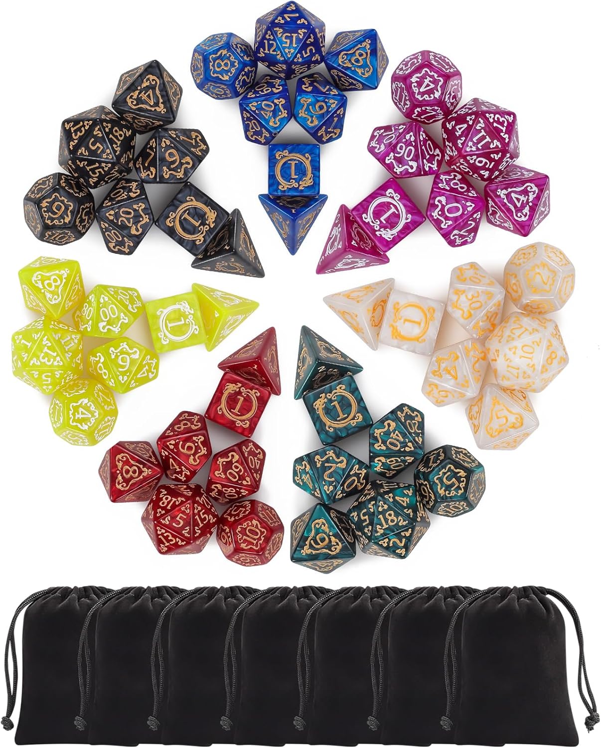 CiaraQ DND Dice Sets - 49pcs Polyhedral Dice, 7 Sets D&D Dice with Pouches, D4 D6 D8 D10 D% D12 D20 Dice for Dungeons and Dragons DND RPG MTG Table Games