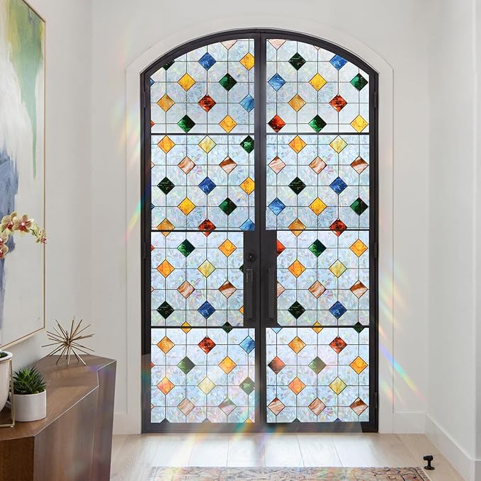 DKTIE Colorful Gem Lattice Pattern Decorative Window Privacy Film Rainbow Stained Glass Window Film Classroom Decor Renter Friendly Decor (S533, 29.5in X 118.1in)