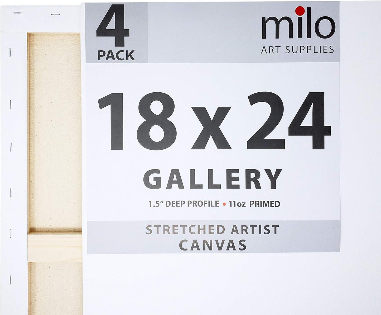milo Stretched Artist Canvas | 18x24 inches | 4 Pack | 1.5” inch Thick Gallery Profile | 11 oz Primed Large Canvases for Painting, Ready to Paint Art Supplies for Acrylic, Oil