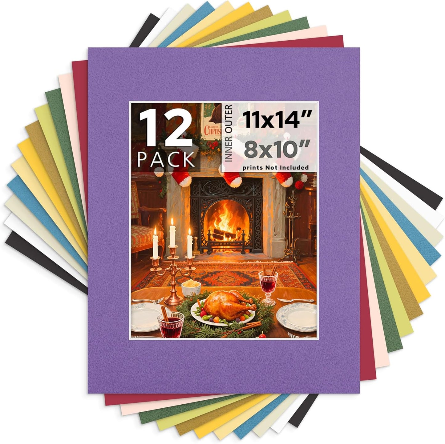 Mat Board Center, 11X14 Mix Color Mats for 8X10 Pictures - Acid Free, 4-Ply Thickness, White Core, Bevel Cut - for Artworks, Photos, Framing - Pack of 12