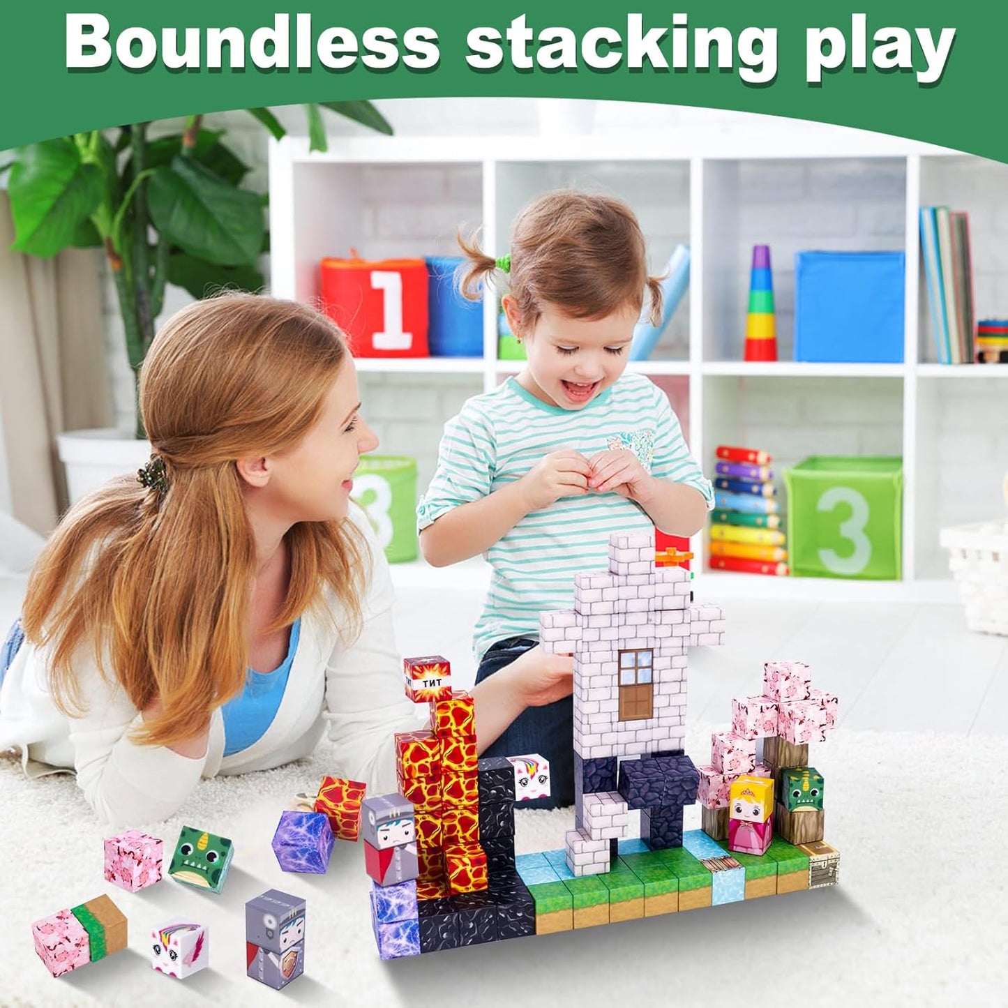 100PCS Magnetic Blocks - Magnet Cubes Toys Stacking, Build Mine Magnet World Magic Portal Set, 2025 Upgraded STEM Montessori Stacking Toy for 3+ Year Old Boys&Girls (Forest and Castle)