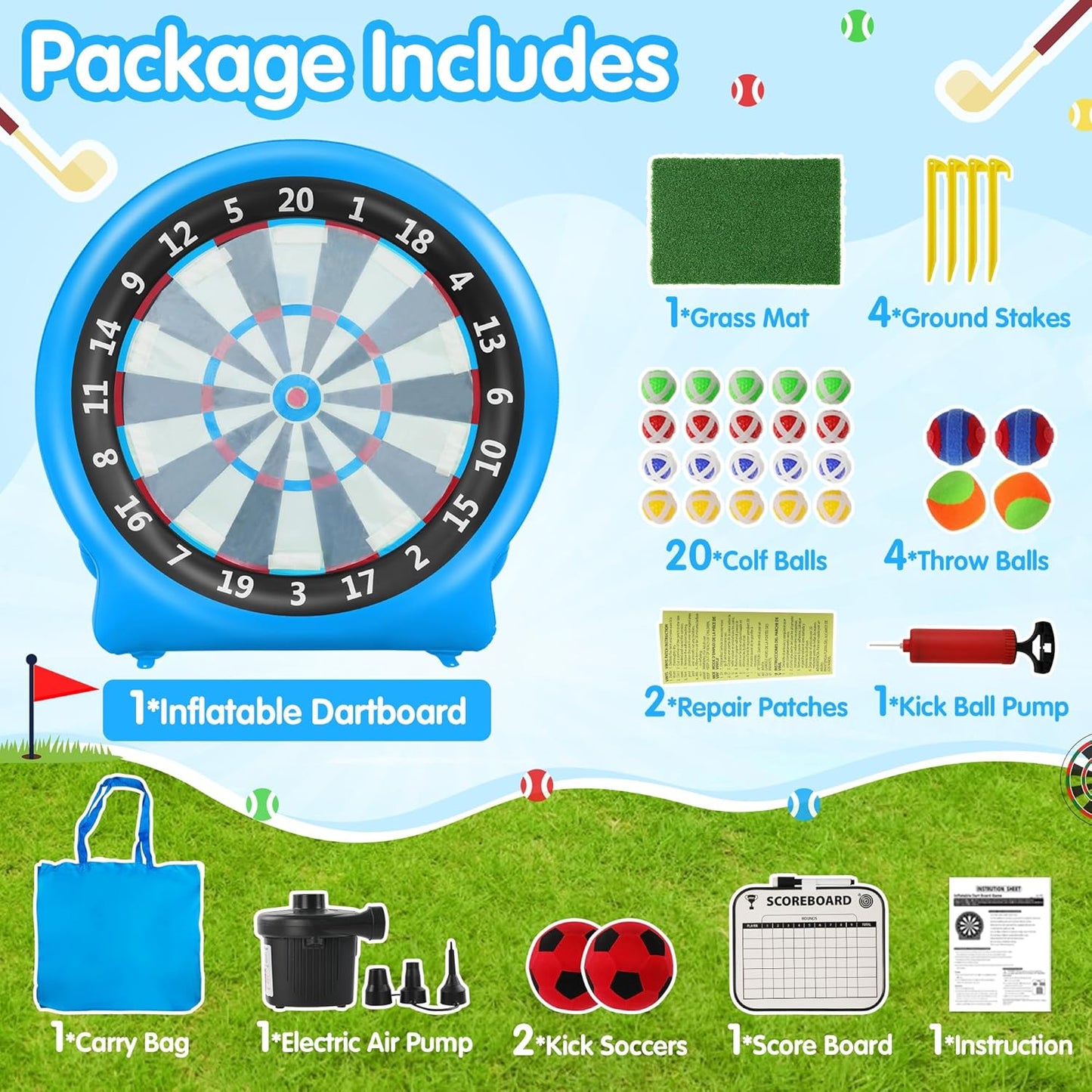 6FT Inflatable Dartboard, Giant Kick Darts Soccer Darts Golf & Throw Dart with Air Pump, Giant Outdoor Games, Blow up Soccer Dart for Yard Party Large Dartboard for Kids & Adults 20+Games