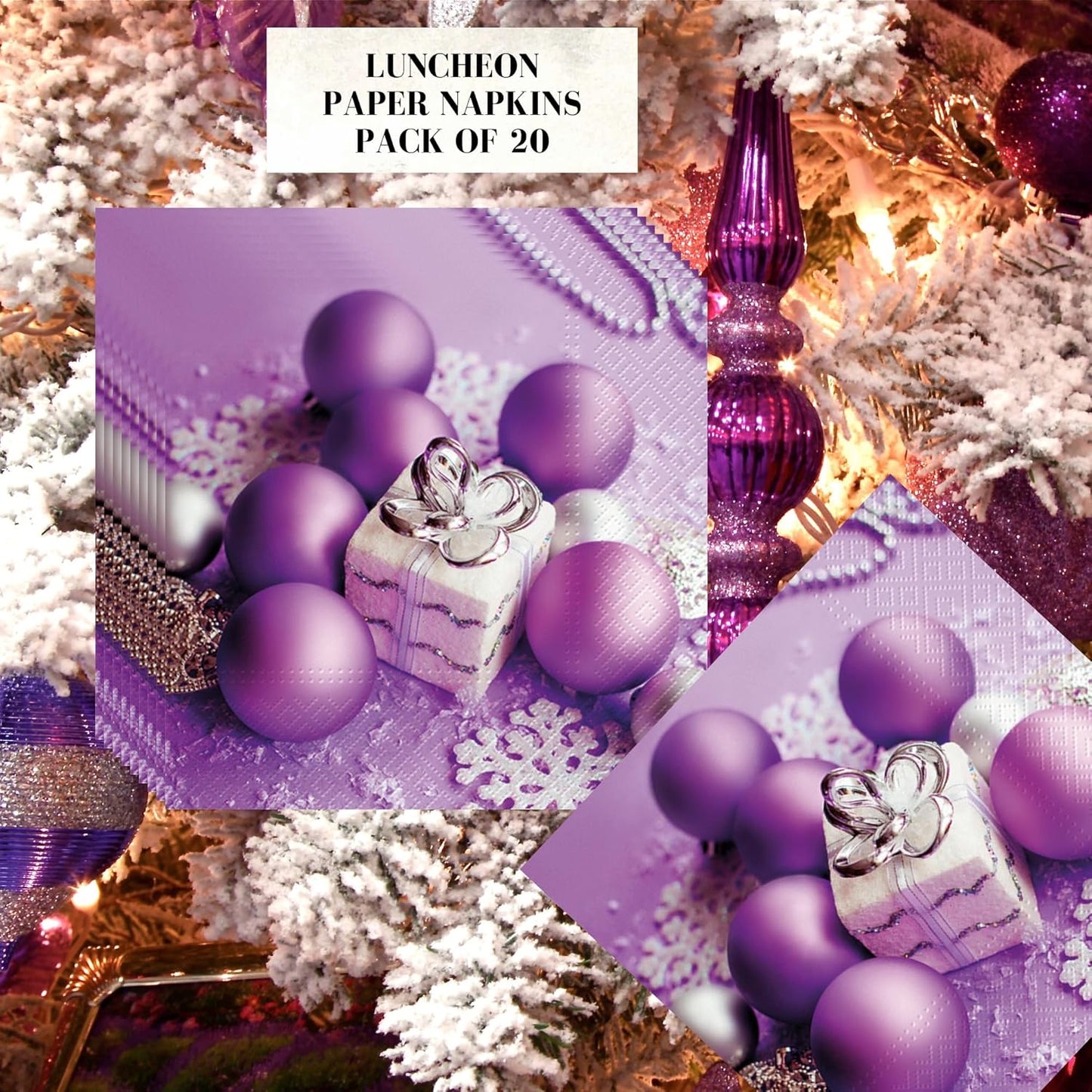 20-ct 13x13 Christmas Paper Decoupage Napkins, 3-Ply Servilletas Tissue Napkin for Dinner and Parties, Disposable Napkins (Lilac Xmas)