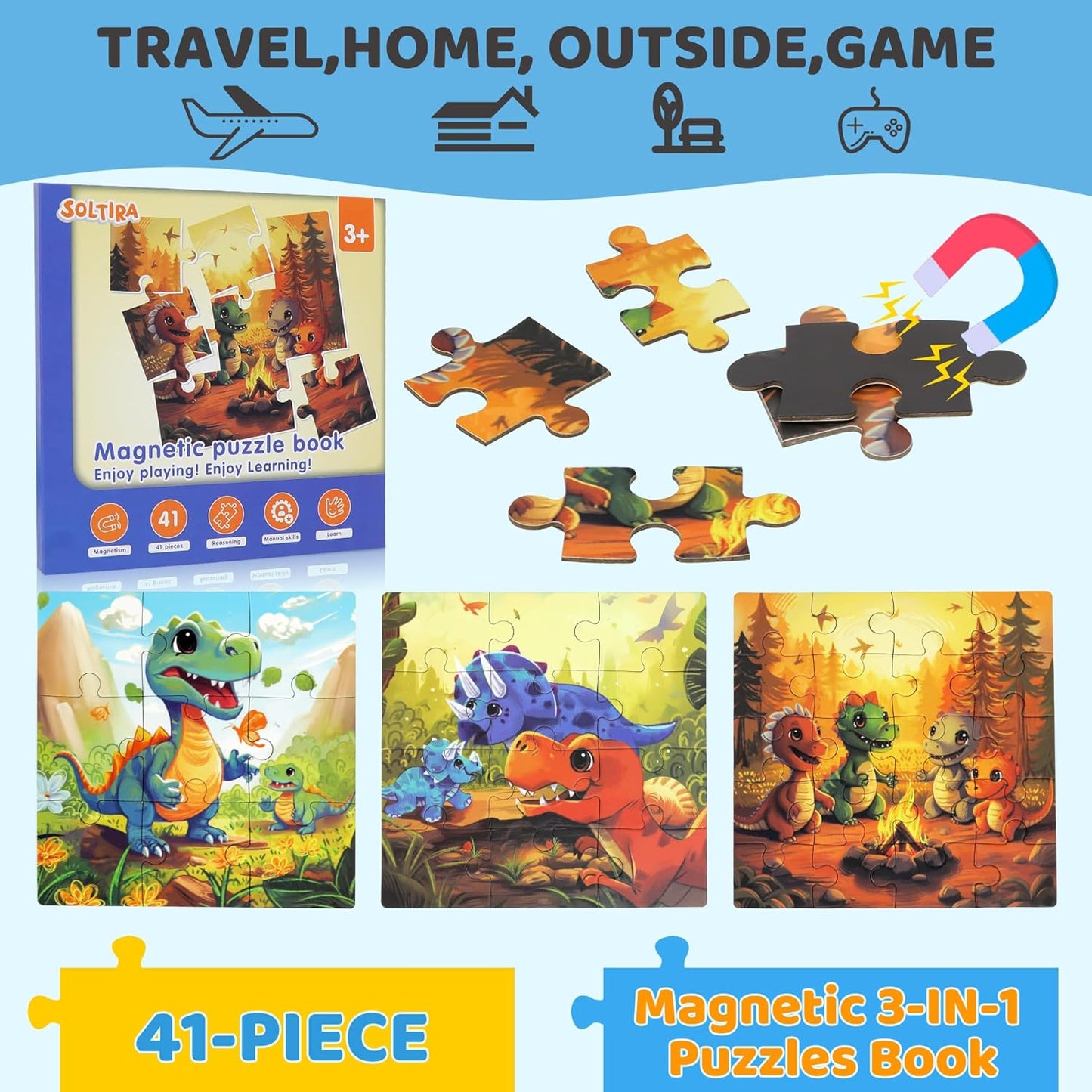 Magnetic Dinosaur Puzzles for Kids Ages 3-5 36PCS-3 Animal Themes Puzzles for Kids 4-6 Travel Puzzle for Airplane/Car/Road Trip/Gift Toys for 3-5 Year Old Girls and Boys
