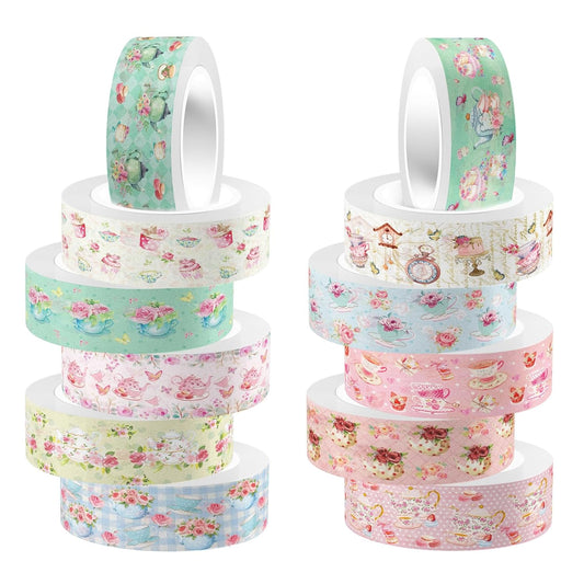 12 Rolls Tea Party Washi Tape, Afternoon Tea Decorative Tape for Scrapbooking, Bullet Journals, Planners, Party Decorations, DIY Crafts, Gift Wrapping, 16.4FT