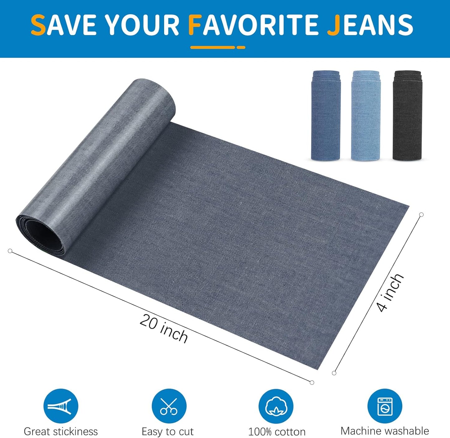 HTVRONT Iron on Patches for Clothing Repair 4 Rolls - Denim Patches for Jeans Kit 4" by 20", 4 Rolls of Iron On Denim Patches for Jeans Inside & Clothing Repair (Black)