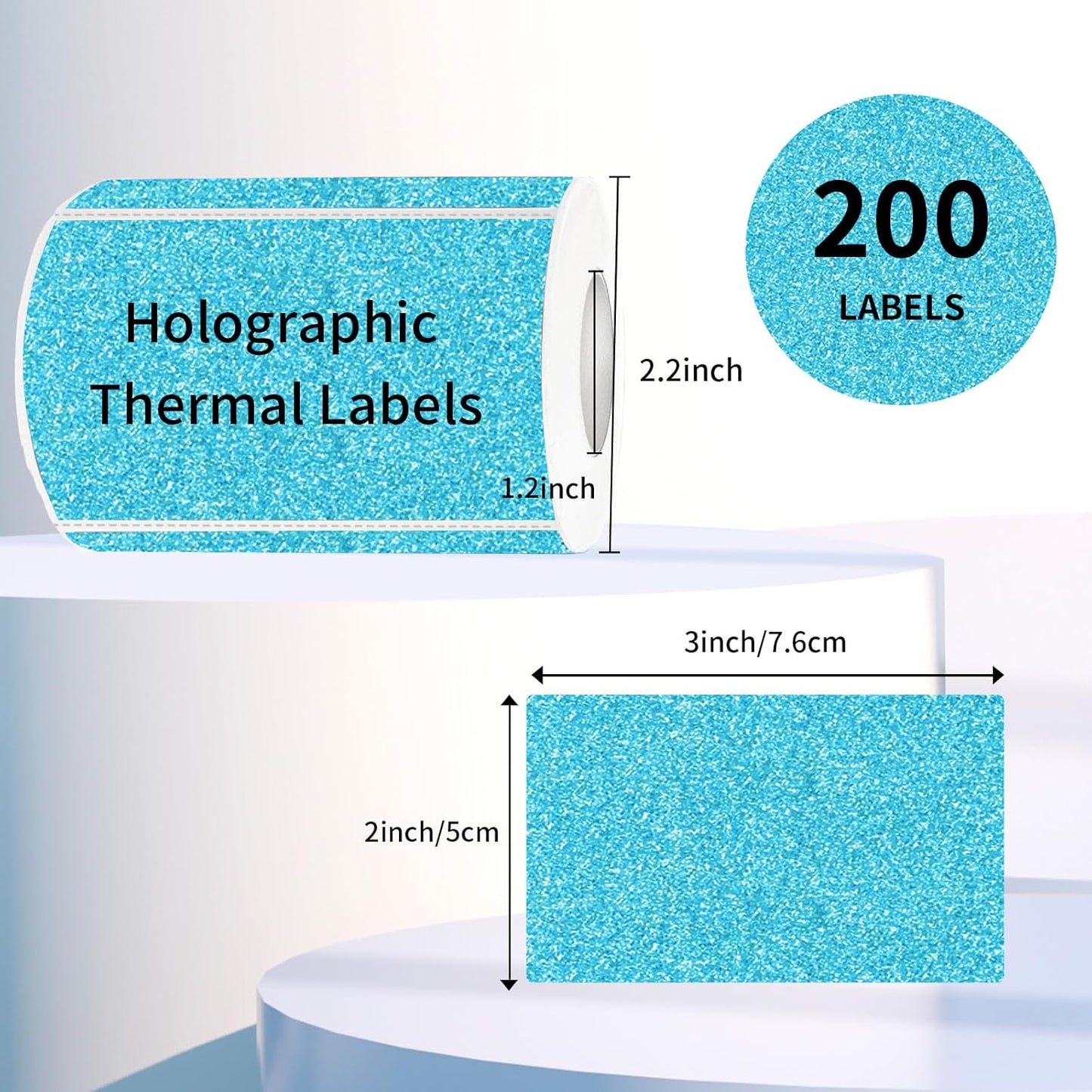 3x2 Inch Holographic Thermal Labels Stickers, Glitter Waterproof Direct Thermal Sticker Labels for Barcode, Mailing, DIY Design- 200 Pcs/Glitter Blue