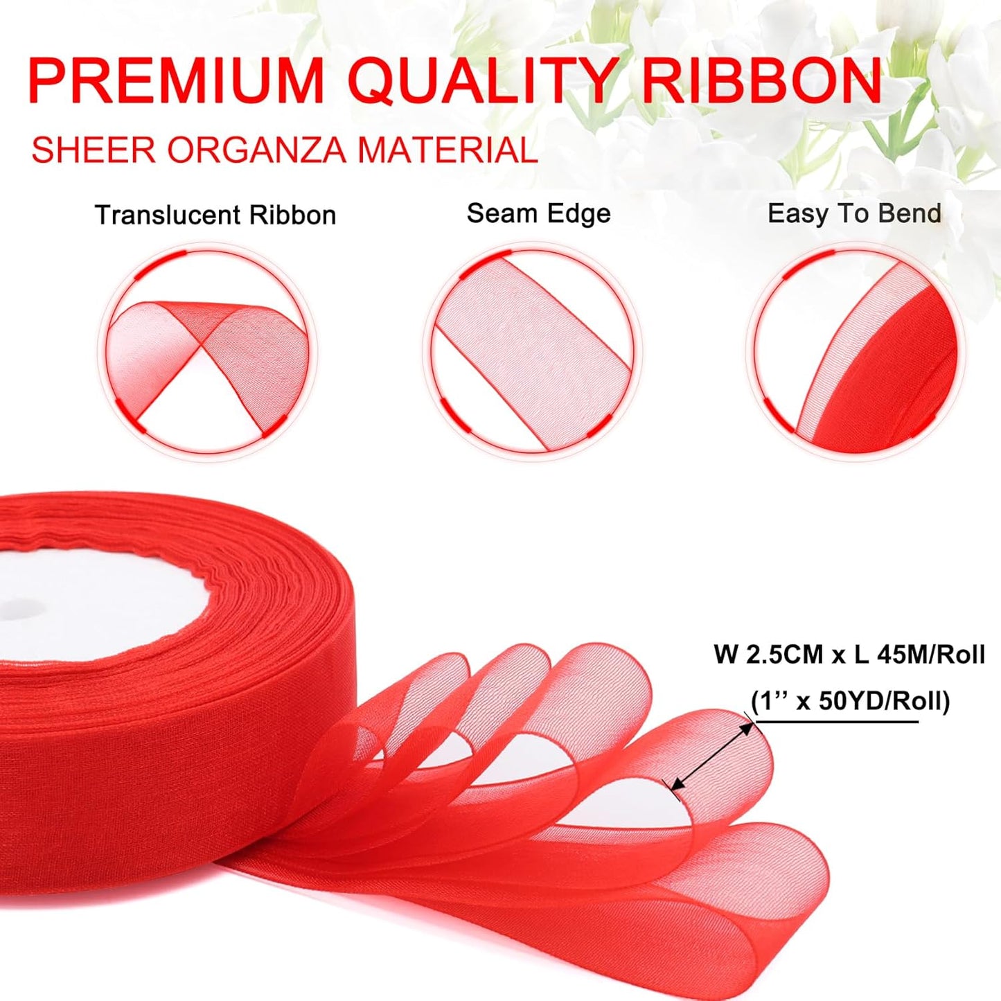 Red Ribbon for Gift Wrapping, 1 inch 50Yard Sheer Organza Tulle Ribbon for Flower Bouquet, Red Gifts Wrap Chiffon Ribbons for Hair, Craft, Wedding, Valentines Day, Mothers Day, Christmas
