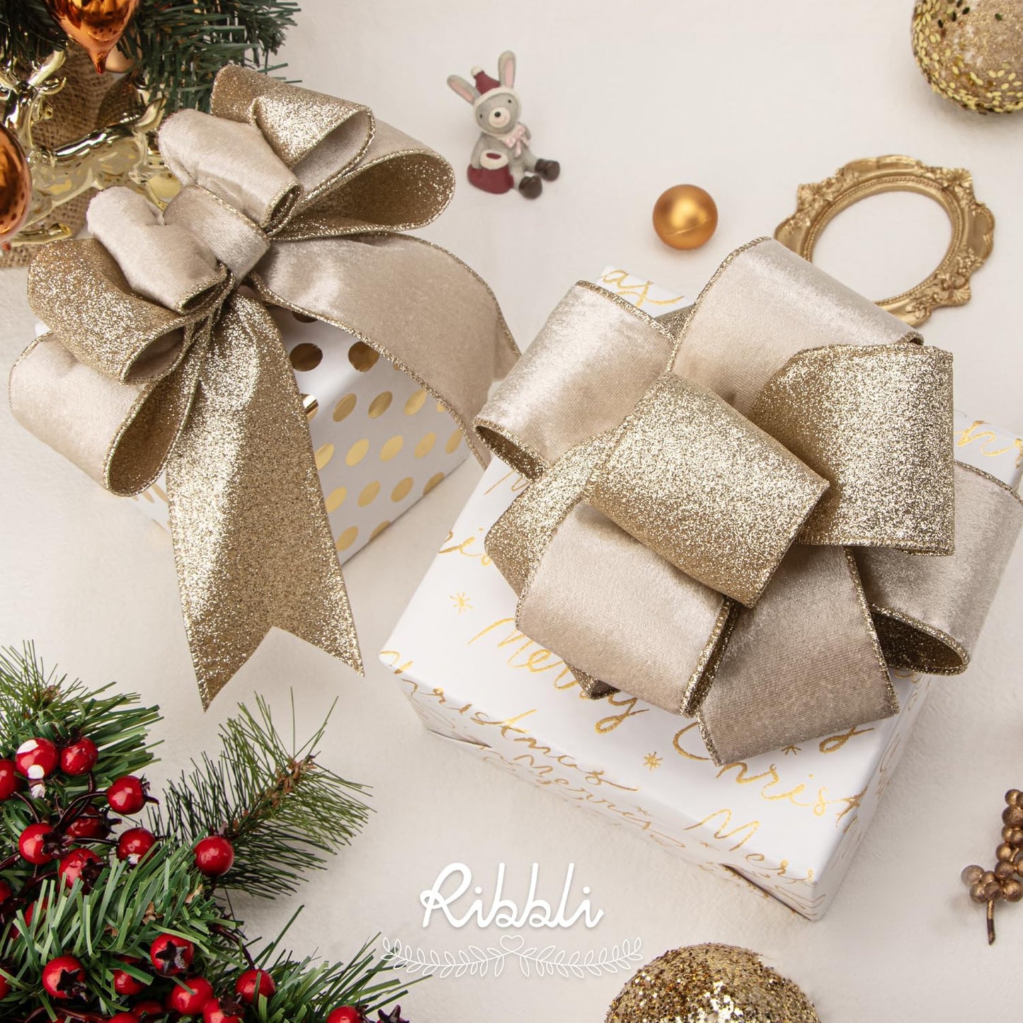 Ribbli Light Champagne Velvet Wired Ribbon 2.5 Inch Ivory Velvet with Champagne Glitter Christmas Ribbon for Christmas Tree Decoration Big Bow Gift Wrapping Crafts Wreaths Supplies- 10 Yards