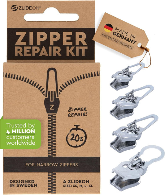 ZlideOn Zipper Pull Replacement - Silver, Normal Multipack (4 Pieces) - Instant Zipper Replacement Slider for Narrow Zippers