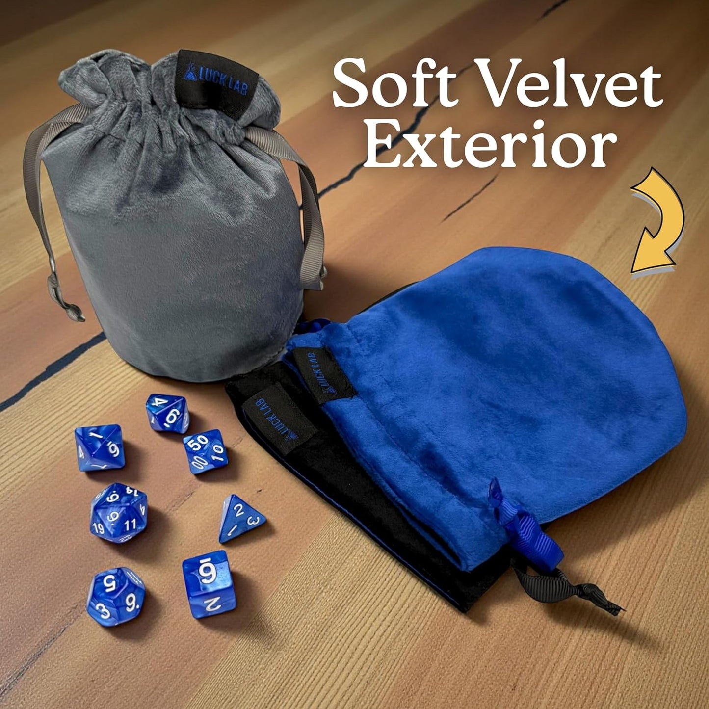 Luck Lab Velvet Drawstring Dice Bag - Set of Three Colors - Dungeons and Dragons Fabric/Standing Cotton Fabric Dice Bags/D&D Dice Pouch/Small Pouch/Velvet Jewelry Bag (Blue, Black, Grey)