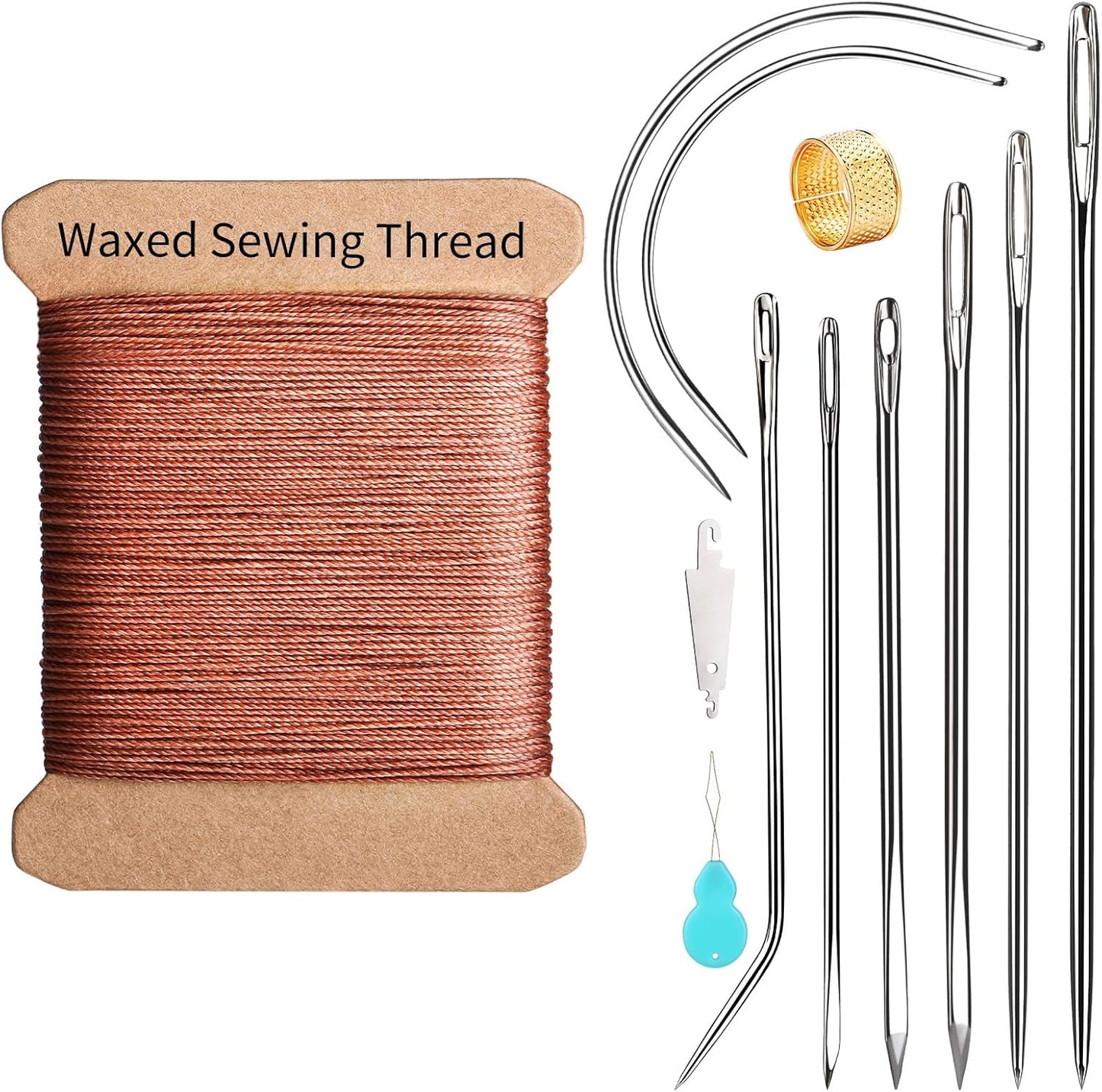 Repair Sewing Kit, Upholstery Needle and Thread Kit with 32 Yard Waxed Thread and 8 Pcs Heavy Duty Leather Needles for Hand Stitching, Canvas & Quilting - 0.55mm Round Waxed Brown