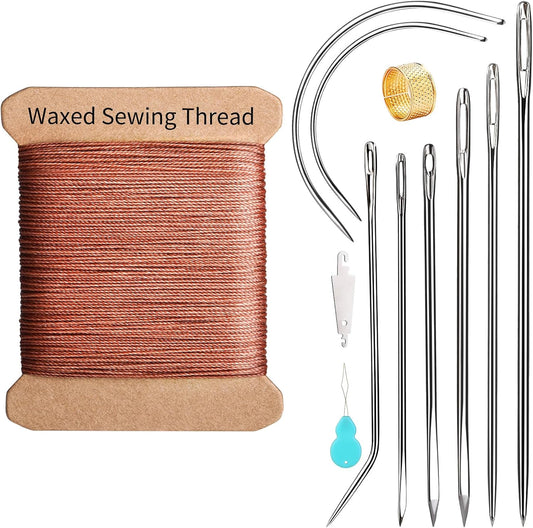Repair Sewing Kit, Upholstery Needle and Thread Kit with 32 Yard Waxed Thread and 8 Pcs Heavy Duty Leather Needles for Hand Stitching, Canvas & Quilting - 0.55mm Round Waxed Brown