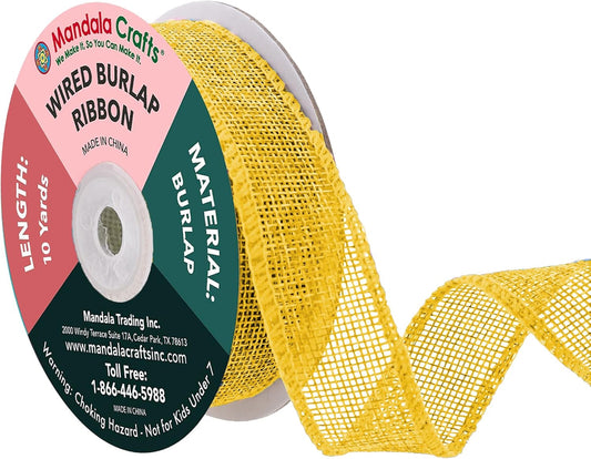 Mandala Crafts Yellow Burlap Wired Ribbon 1 Inches Wide Jute Ribbons for Crafts - 10 Yds Roll Rustic Burlap Wrap Trim Ribbons for Wreaths Bows Party Decoration