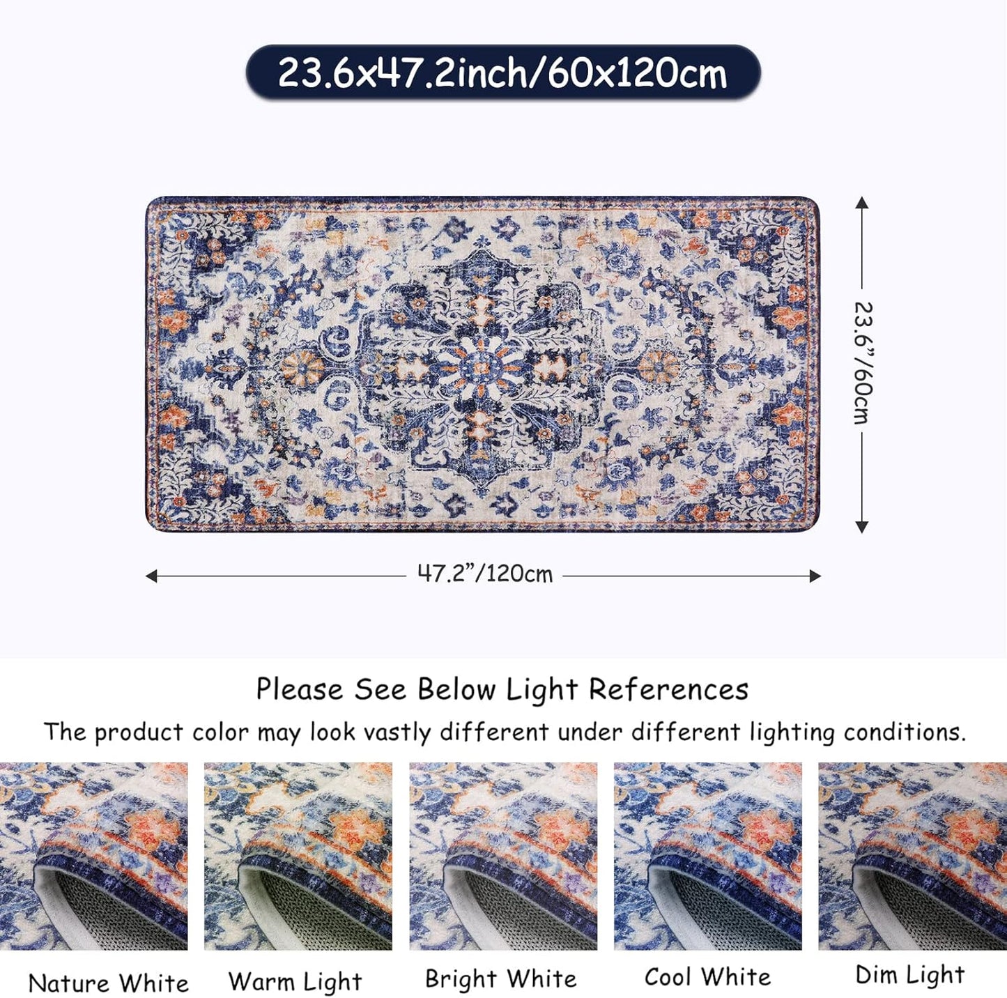 Lahome Bohemian Floral Medallion Runner Rug - 2x4 Blue Soft Bathroom Rug Runner Entry Way Mat, Washable Non Skid Laundry Room Carpet Runners for Living Room Dining Room Kitchen Entrance