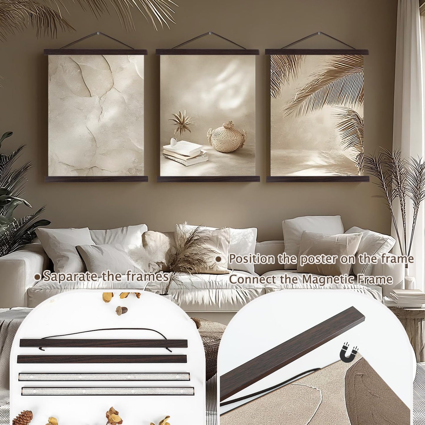 Artmag Magnetic Poster Hanger Frame, 24x36 24x32 24x18 Light Wood Wooden Magnet Canvas Artwork Print Poster Hangers Frames Hanging Kit (Walnut, 24")