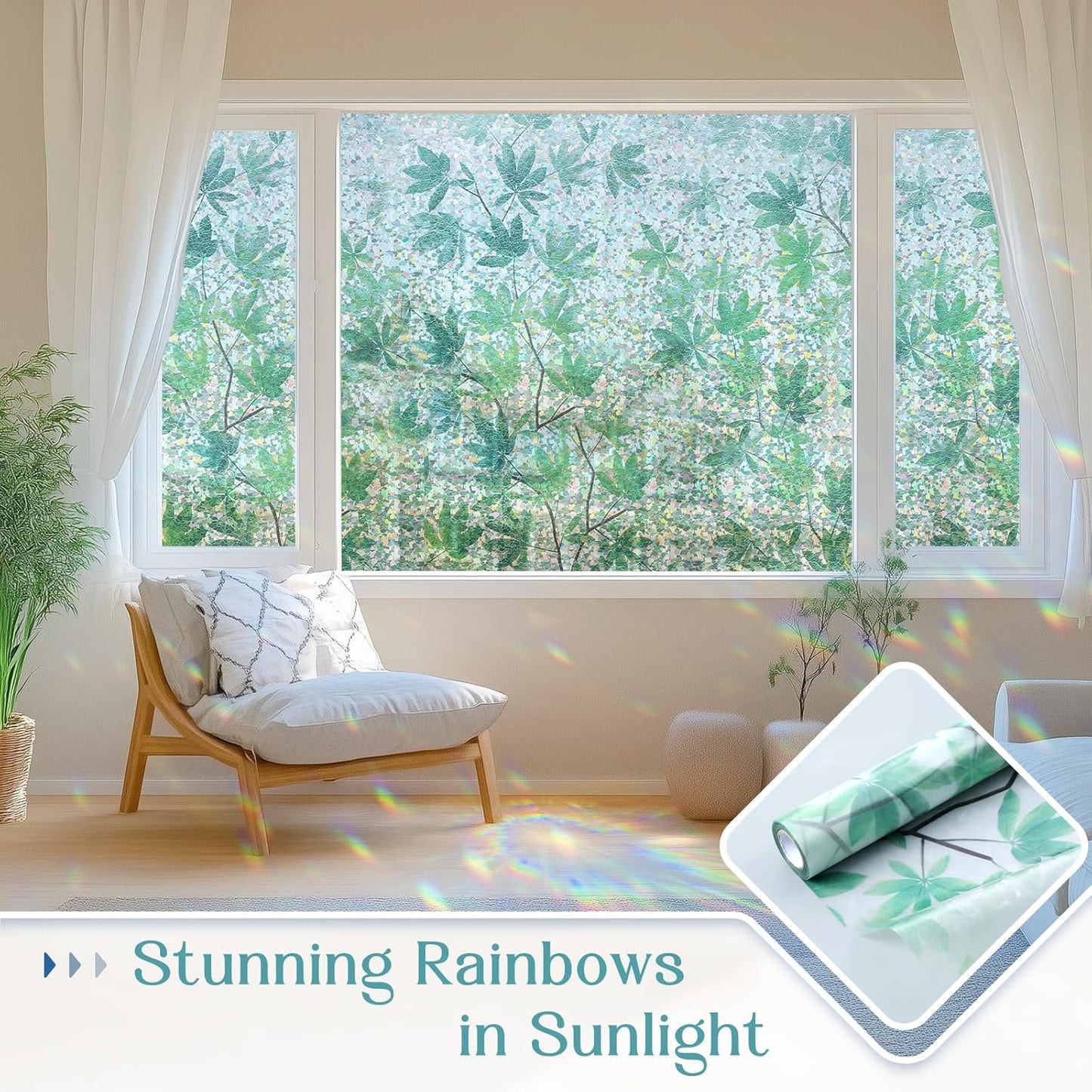 Haton Window Privacy Film, Decorative Stained Glass Window Clings, 3D UV Sun Blocking Sticker, Removable Static Cling Heat Control Tint for Home Door, Leaf Rainbow, 17.5" x 78.7" Non-Adhesive