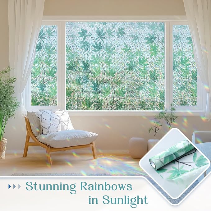 Haton Window Privacy Film, Rainbow Decorative Film, Stained Glass Window Clings, Static Cling UV Blocking Heat Control Tint Sticker for Home Door, Leaf Rainbow, 17.5" x 78.7" Non-Adhesive