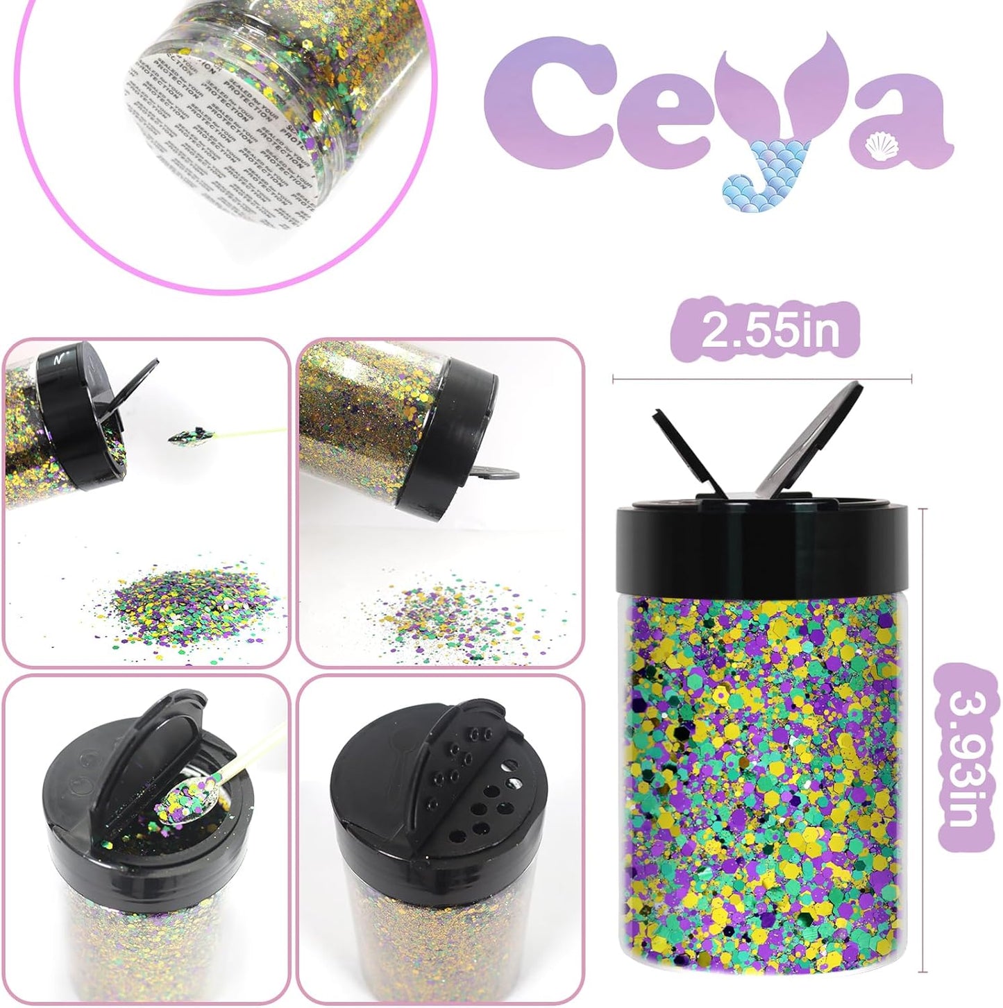 Ceya Chunky Glitter, 4.9oz/ 140g Mardi gras Craft Glitter Powder Mixed Fine Flakes Iridescent Nail Sequins for Halloween Pumpkin, Nail Art, Hair, Epoxy Resin, Tumblers, Slime, Painting, Festival Decor
