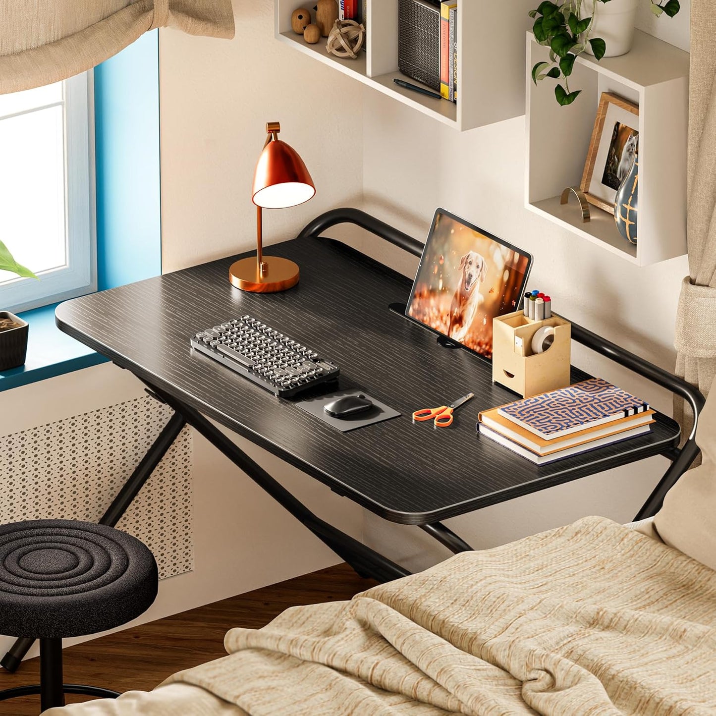 Huuger Folding Desk with 3-Level Adjustable Height and Tablet Slot, 32 Inch Foldable Computer Desk for Small Spaces, Space Saving, Writing Work Table for Home Office, Bedroom, Study, Black