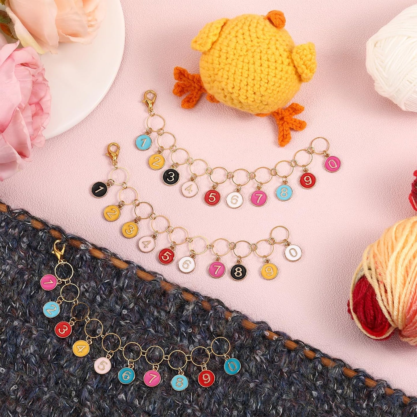 COGCHARGER 3Pcs Flat Round with Number Alloy Enamel Charms Knitting Row Counter Chains for Knitting and Crochet Stitch Markers