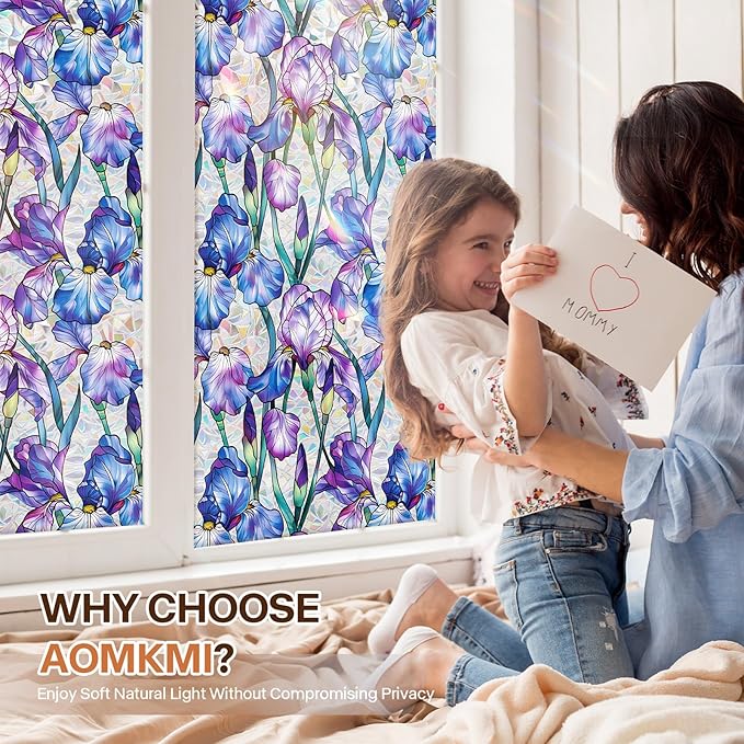 Stained Glass Window Film UV Resistant Window Privacy Film Purple Floral Privacy Rainbow Decals Living Room Bedroom Sun Blocking Decor Removable Static Cling Stickers 17 x 78.74 Inch