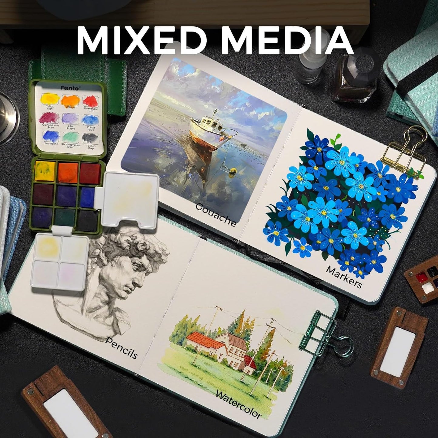 Funto Watercolor Journal, 4.7x4.7, 2 Pack, 24 Sheets Each, 100% Cotton Cold Press, 300gsm/140lb, Art Supplies for Mixed Media