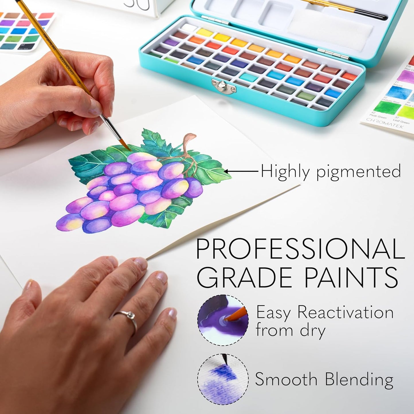 CHROMATEK Watercolor Paint Set – 50 Vivid Colors Including Transparent, Opaque & Pastel – Art Kit with Brush, Water Pen, Palette, Color Chart, Swatch Sheets, Pad & Metal Travel Case