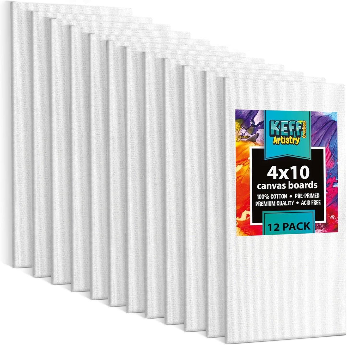 KEFF Canvas Boards for Painting - 4x10 12-Pack Bulk Canvas Panels, 100% Cotton Triple Primed Small Canvases for Painting Supplies, Acrylic, Oil, Watercolor & Tempera