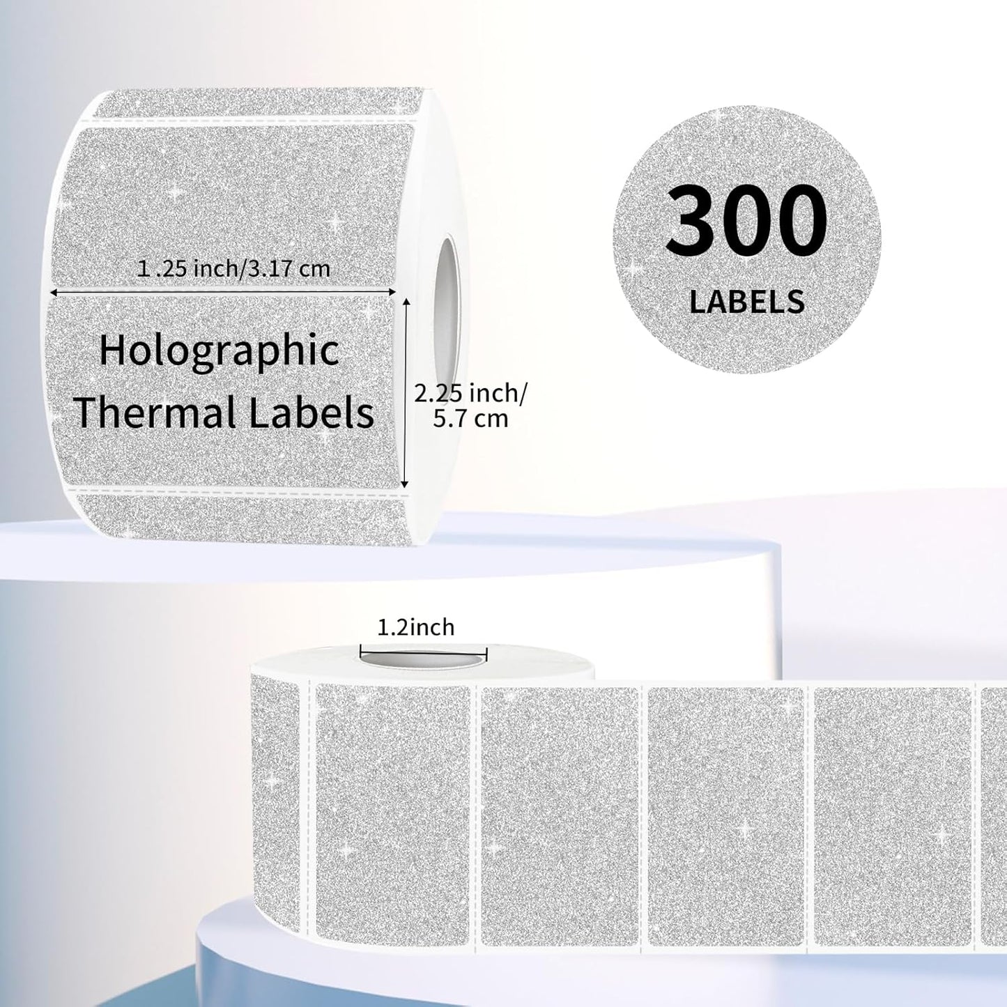 2.25"x1.25" Direct Thermal Labels, Holographic Thermal Printer Labels for Barcode, Self-Adhesive Address Shipping Thermal Label Stickers-1 Roll, 300 Labels, Holographic Shiny Silver