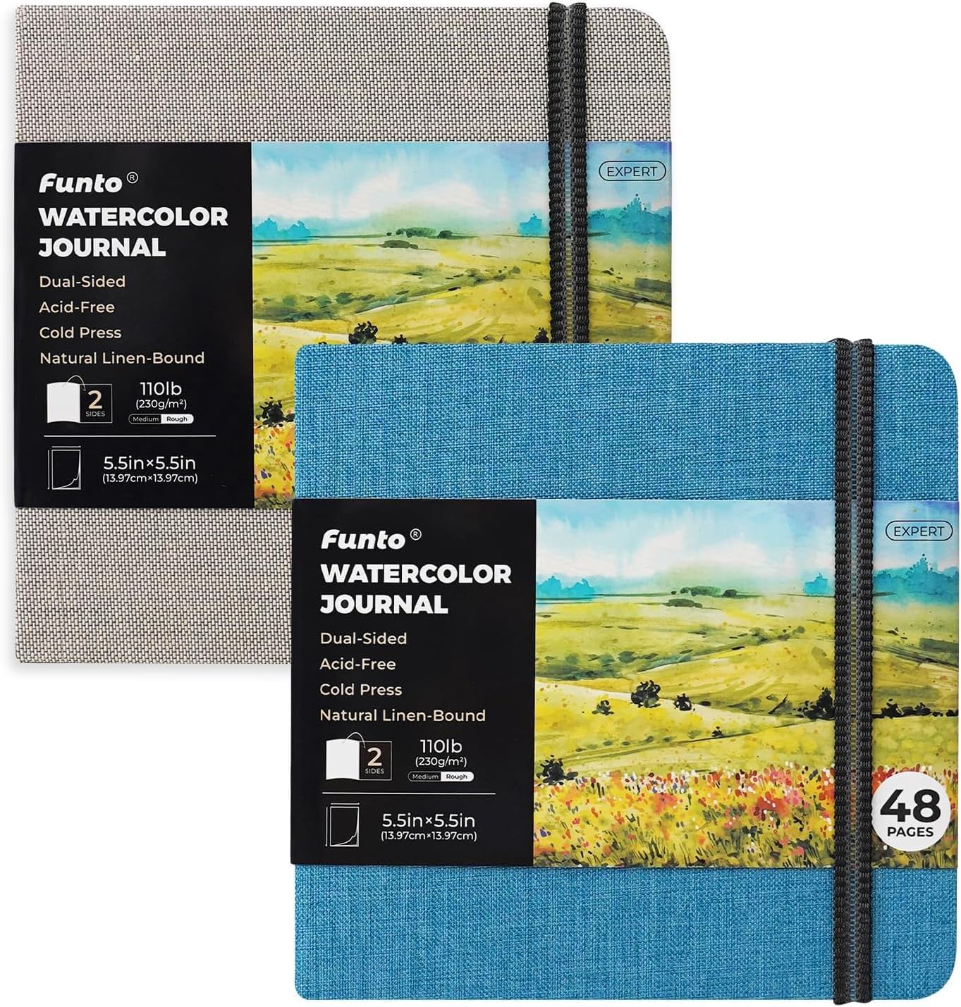 Funto Watercolor Journal, Square, 5.5x5.5, Portable 2-Pack, 48 Pages Each, Gray&Blue Cover, 110lb/230gsm, Art Supplies for Mixed Media