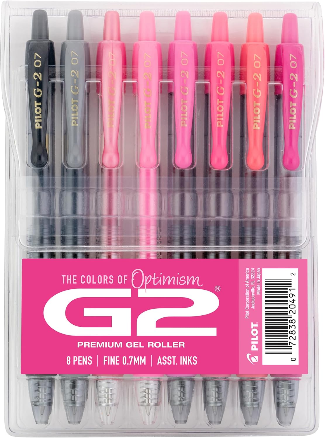 Pilot G2 Premium Gel Roller Pens, Fine Point Gel Pens, Boost Pink Pack, The Colors of Optimism, 8-Pack Pouch, 0.7 mm, Assorted - Ideal for School, Journaling, & Office Writing