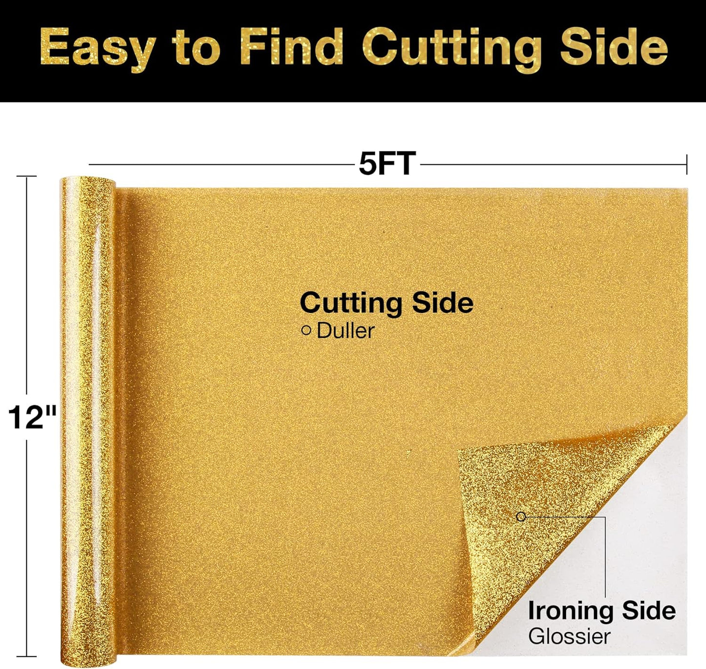 TORC Gold Glitter HTV Heat Transfer Vinyl Roll 12 inch x 5 ft Iron on Vinyl for T Shirts Crafts