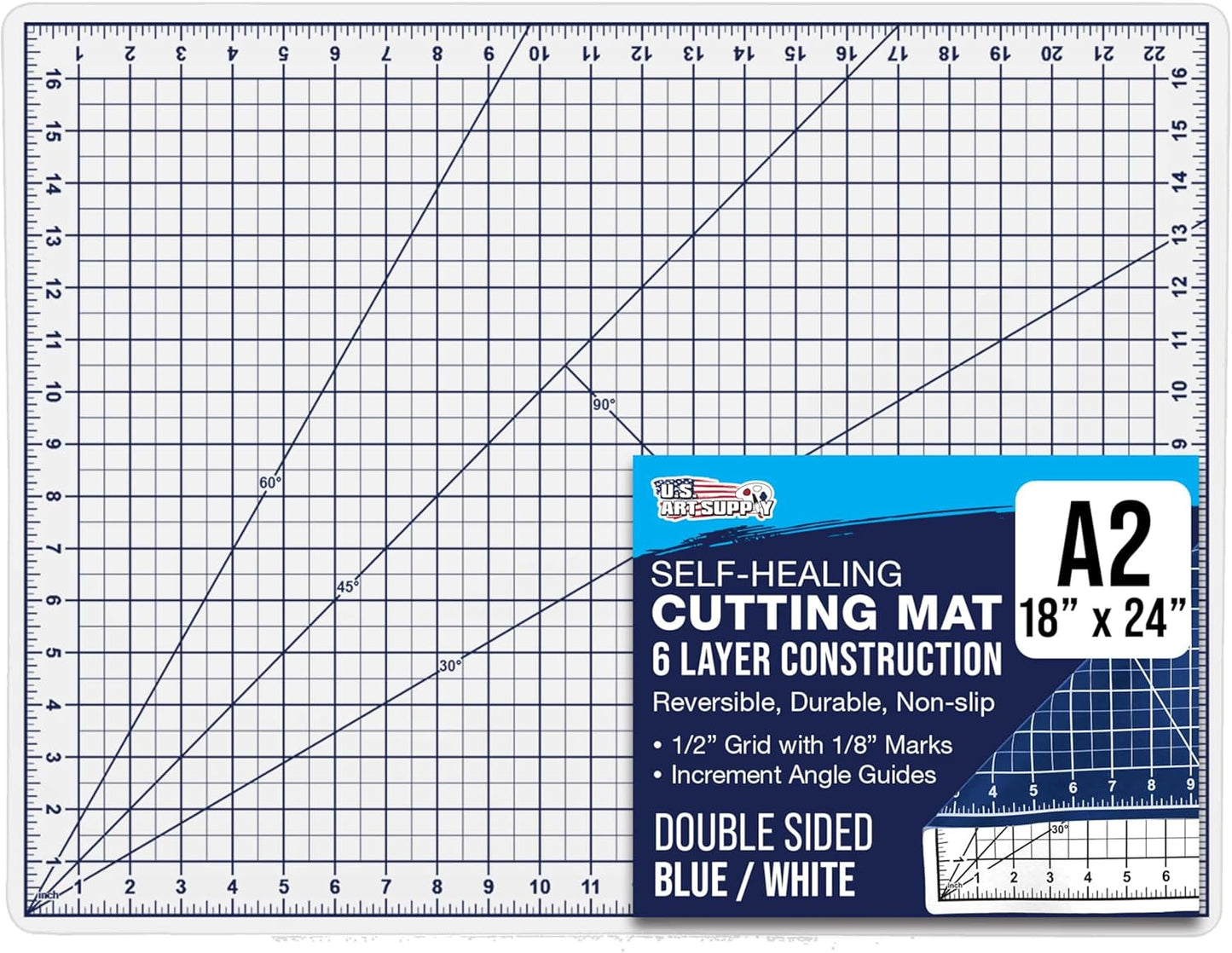 U.S. Art Supply 18" x 24" Self-Healing Cutting Mat 5-Ply - Double-Sided White/Blue Craft Mat, Non-Slip Cutting Mats for Crafts, Sewing, Quilting, Scrapbooking