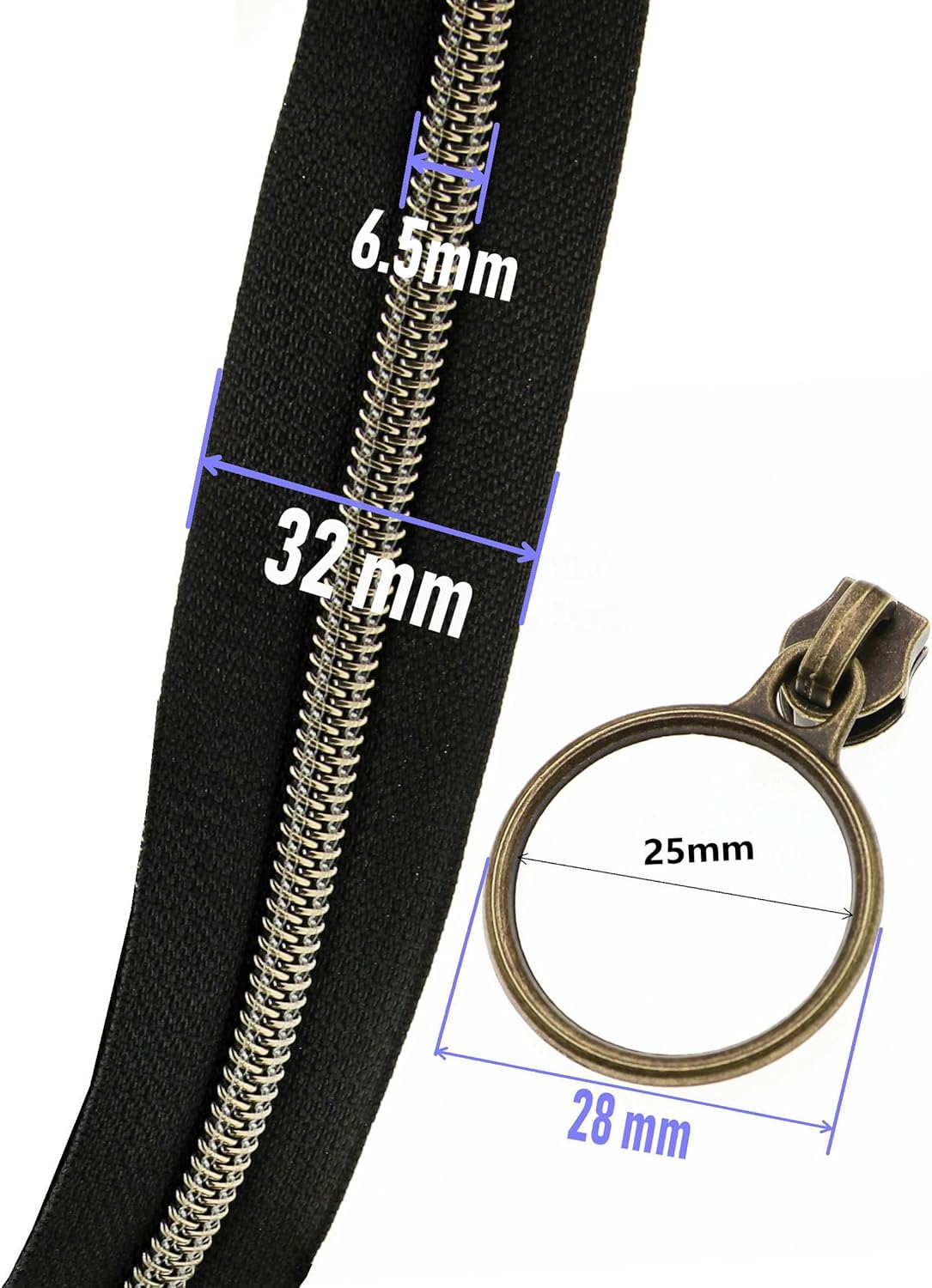 Leekayer 5# Black Nylon Zipper Tape Brass Teeth 10 Yards Continuous Zipper with 25 pcs Ring Pull Silders Bulk(Antique Brass)