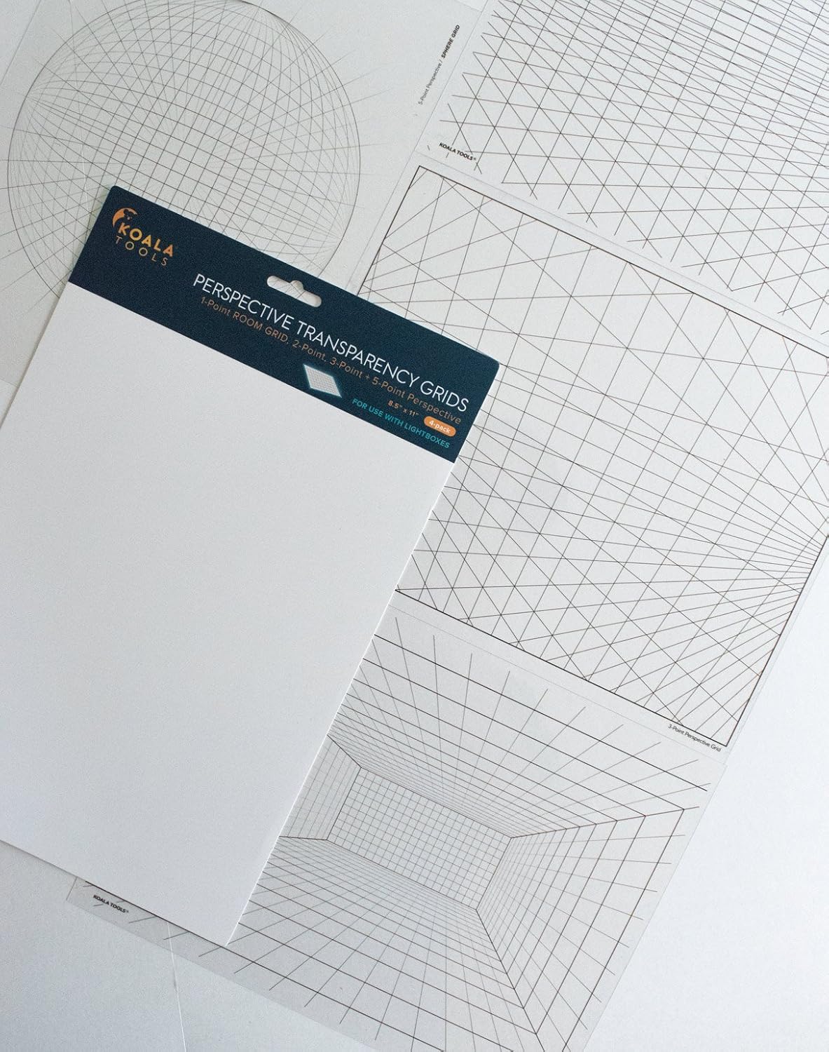 Koala Tools | Perspective Grid Transparency Sheets (Variety Pack of 4) - 8.5" x 11" | Overhead Projector and Light Box Transparencies - Tracing Film for Sketching & Drawing