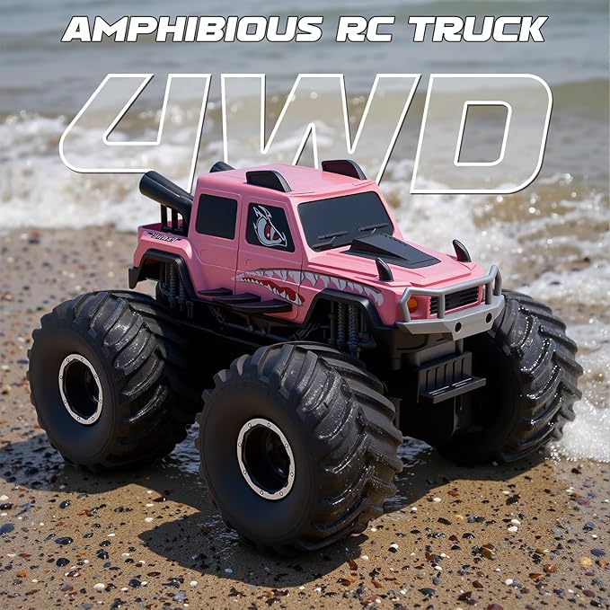 Amphibious Remote Control Trucks,2.4G 1:18 4WD All Terrain Off-Road Waterproof Monster RC Cars Pool Toys Hobby RC Vehicle Christmas Birthday Gifts for Kids Boys Girls 8 9 10 11 12+ Pink