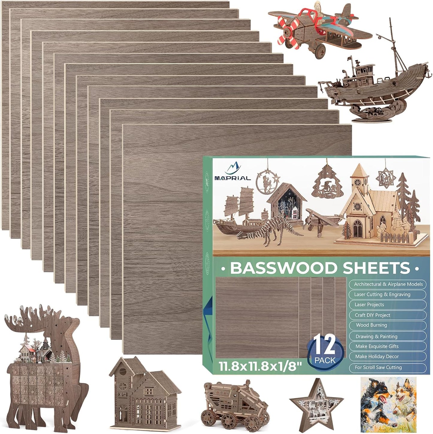 12 Pack 12x12x1/8 Inch Walnut Basswood Sheets, MAPRIAL Smooth 3mm Plywood for Laser Cutting, Unfinished Wood Board for Engraving, Wood Burning, Crafts, Ornaments, Models, Cutter, Engraver, Gifts