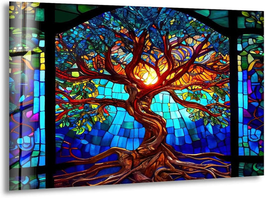 My Photostation.com 20Wx14H'' Stained Blue Life of Tree Glass Wall ArtTempered Glass Printing Wall Decor Large Wall Art Wall Hangings