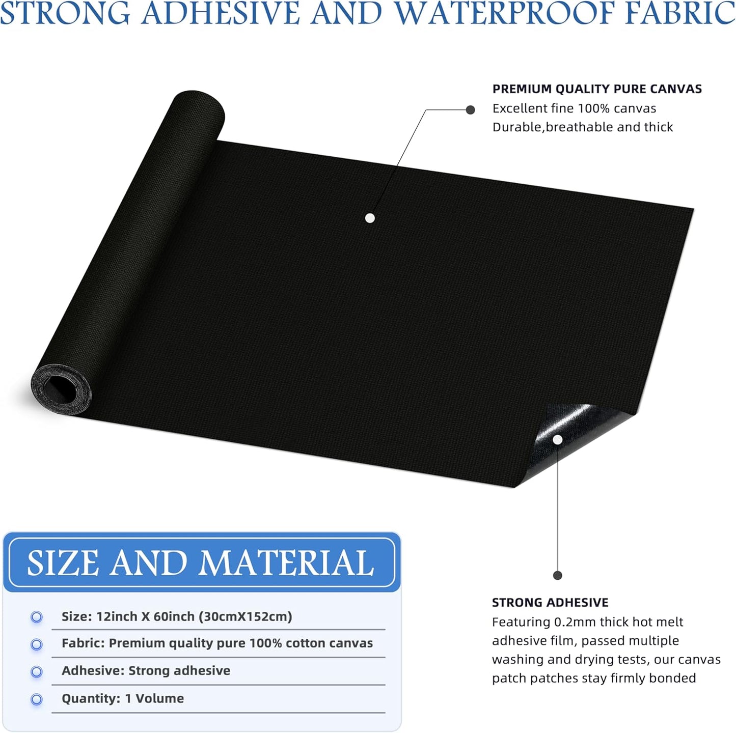 KING MOUNTAIN Canvas Iron on Patch,12"×60",Waterproof 100% Cotton Fabric Repair Patch,Used for Various Sofa,Tent,Clothes,Seats,Suitcases (Black,Waterproof)