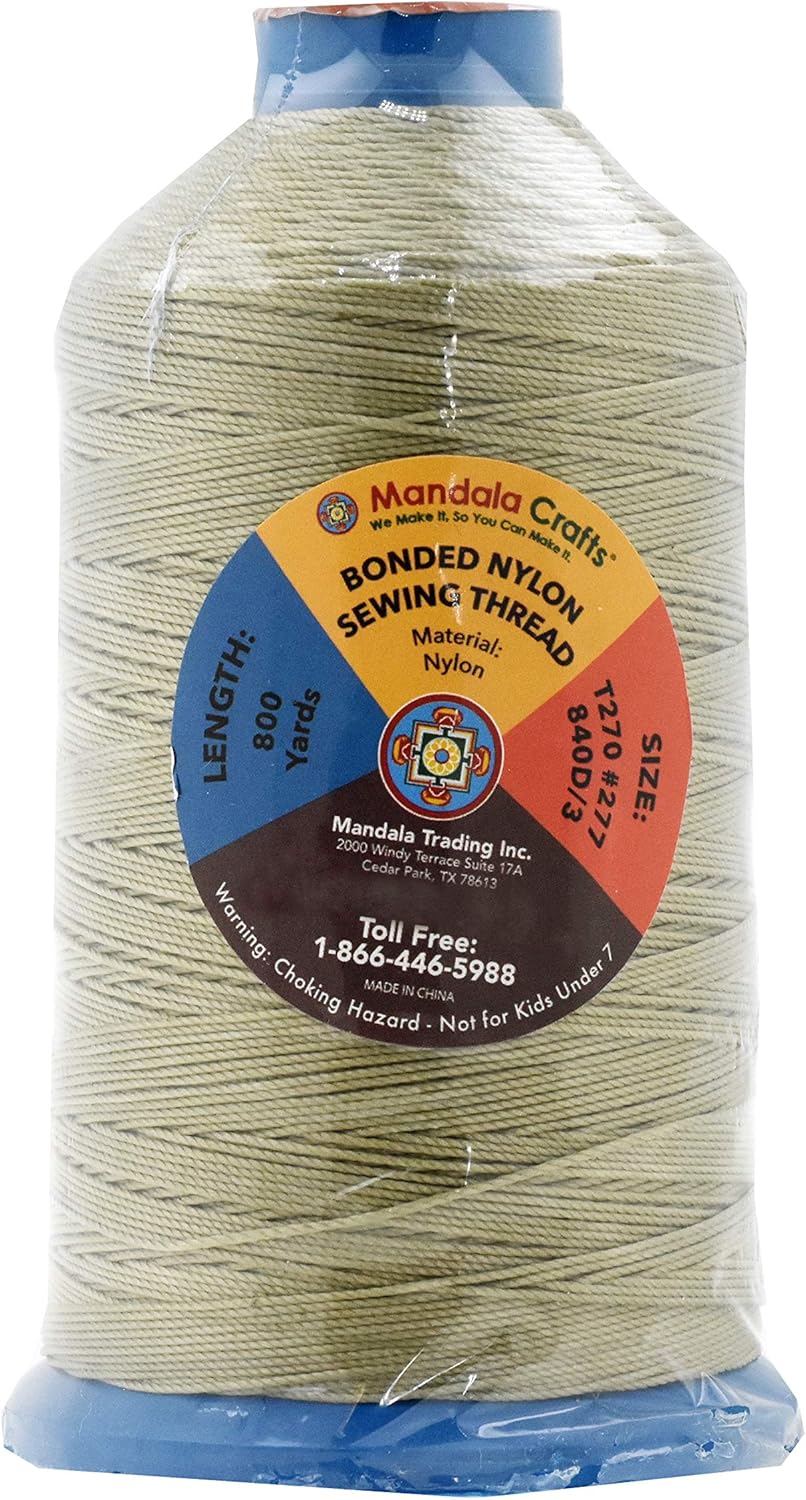 Mandala Crafts Bonded Nylon Thread Beige Heavy Duty Sewing Threads - 800 YDs Size 277 840D T270 Tex 270 Thread for Leather Jeans Weaving Outdoor Marine Upholstery Threads