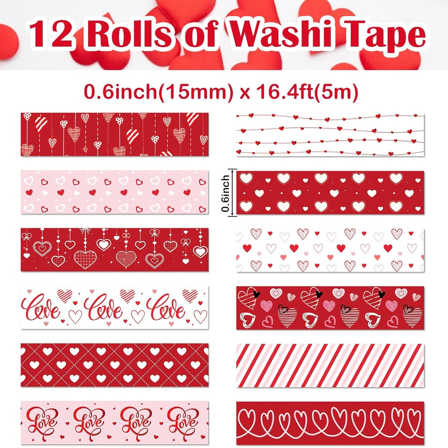 12 Rolls Love Heart Washi Tape Set, Red Stripe Checked Masking Tapes, Red Heart Decorative Tape for Journaling Supplies, Wedding Party, Junk Journal, Scrapbooking, Planner, DIY Arts Crafts 16.4FT