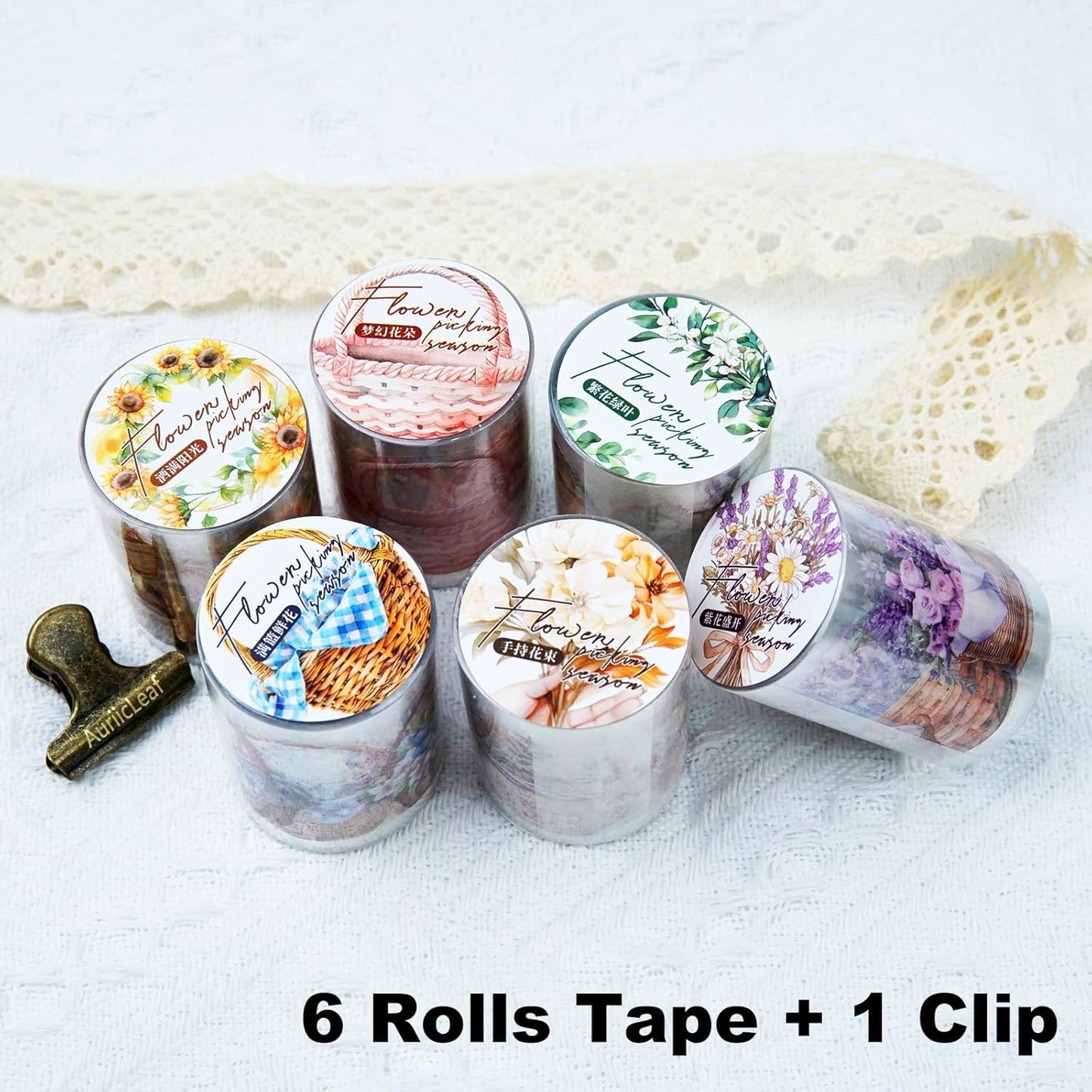 Flower Basket PET Tape Set, 6 Rolls Pre-Cut Vintage Floral Scrapbook Supplies for Journaling, DIY Crafts, and Planners,with Clip