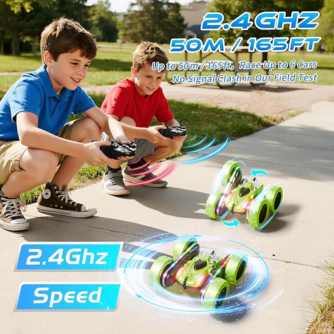 Remote Control Car – 4WD 360° Flip Double‑Sided RC Stunt Car LED Light Bar & USB‑C Modular Battery, Off‑Road Toys for Boys Ages 6‑12, Birthday Gift, Black‑Green