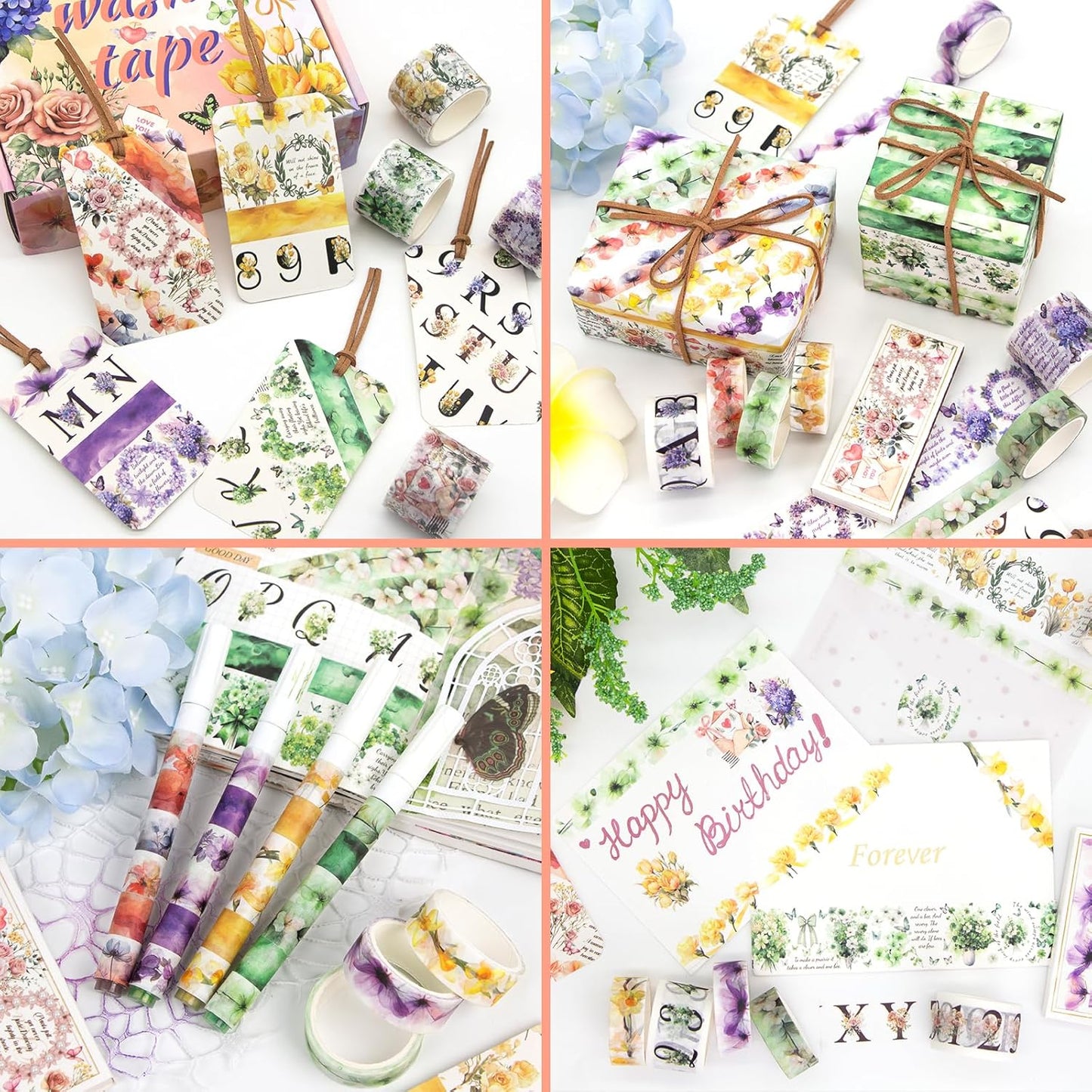 24 Rolls Washi Tape Set - Floral Alphabet Themed Decorative Masking Tape, Adhesive Artists Tape for Journaling Supplies, DIY Craft, Scrapbooking Supplies, Gift Wrapping, School Supplies
